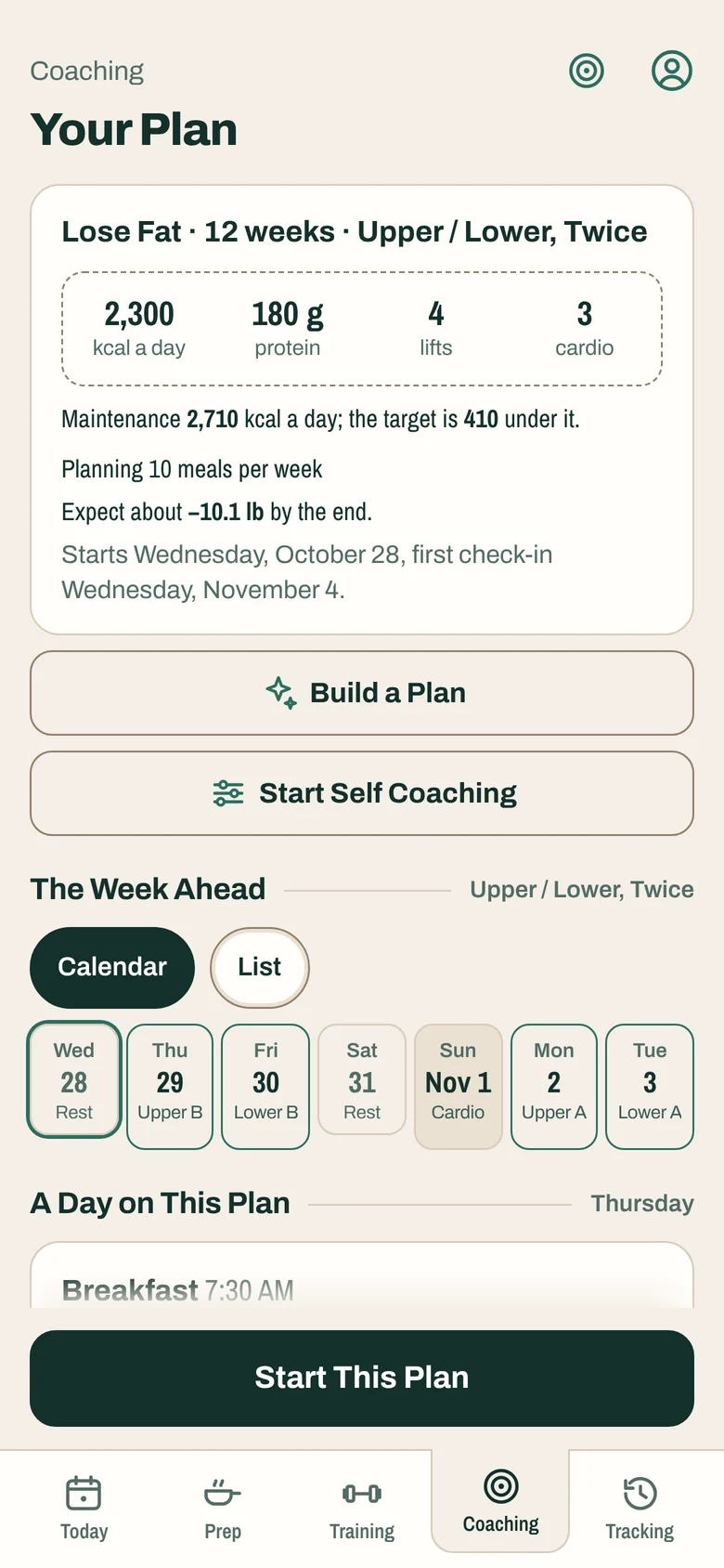 The Coaching screen: a 12-week Lose Fat plan at 2,300 kcal and 180 g protein a day, with upper/lower lifting twice a week