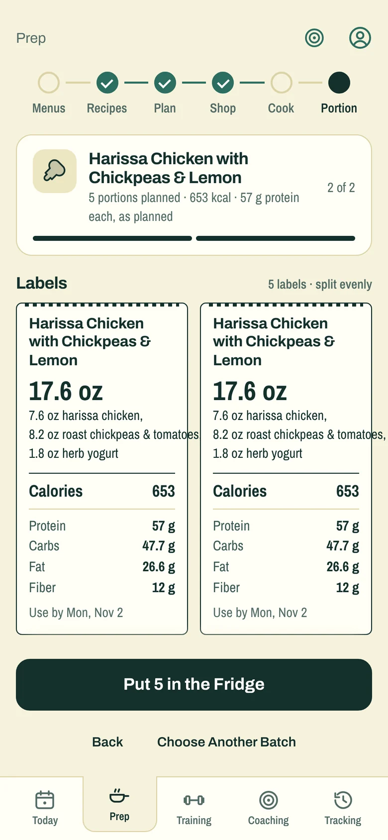 Container labels for Harissa Chicken with Chickpeas and Lemon: 17.6 oz, 653 calories, 57 g protein, use by Monday, November 2