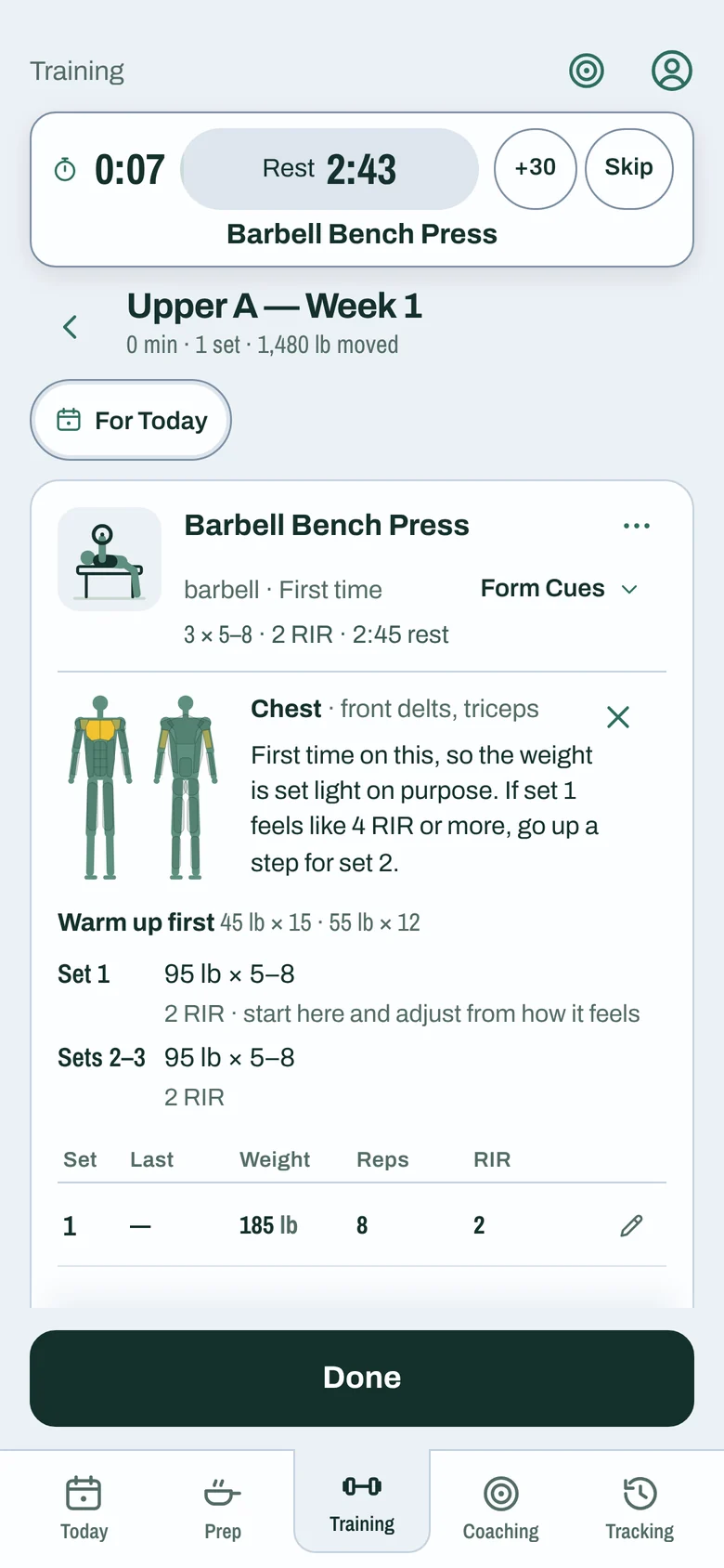 A training session: Barbell Bench Press with a rest timer at 2:43, form cues and a logged set of 185 lb for 8 reps